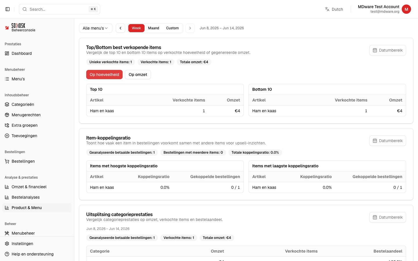 Product- en menuprestaties met top/bottom-sellers en categorie-uitsplitsing