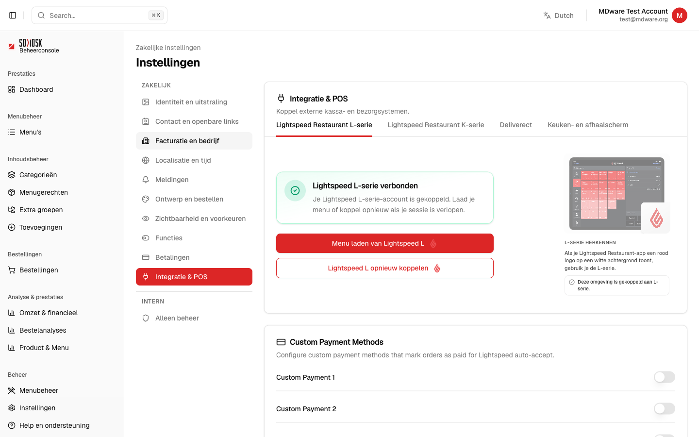 Het onderdeel Integratie & POS met Lightspeed L-serie verbonden en menu inladen
