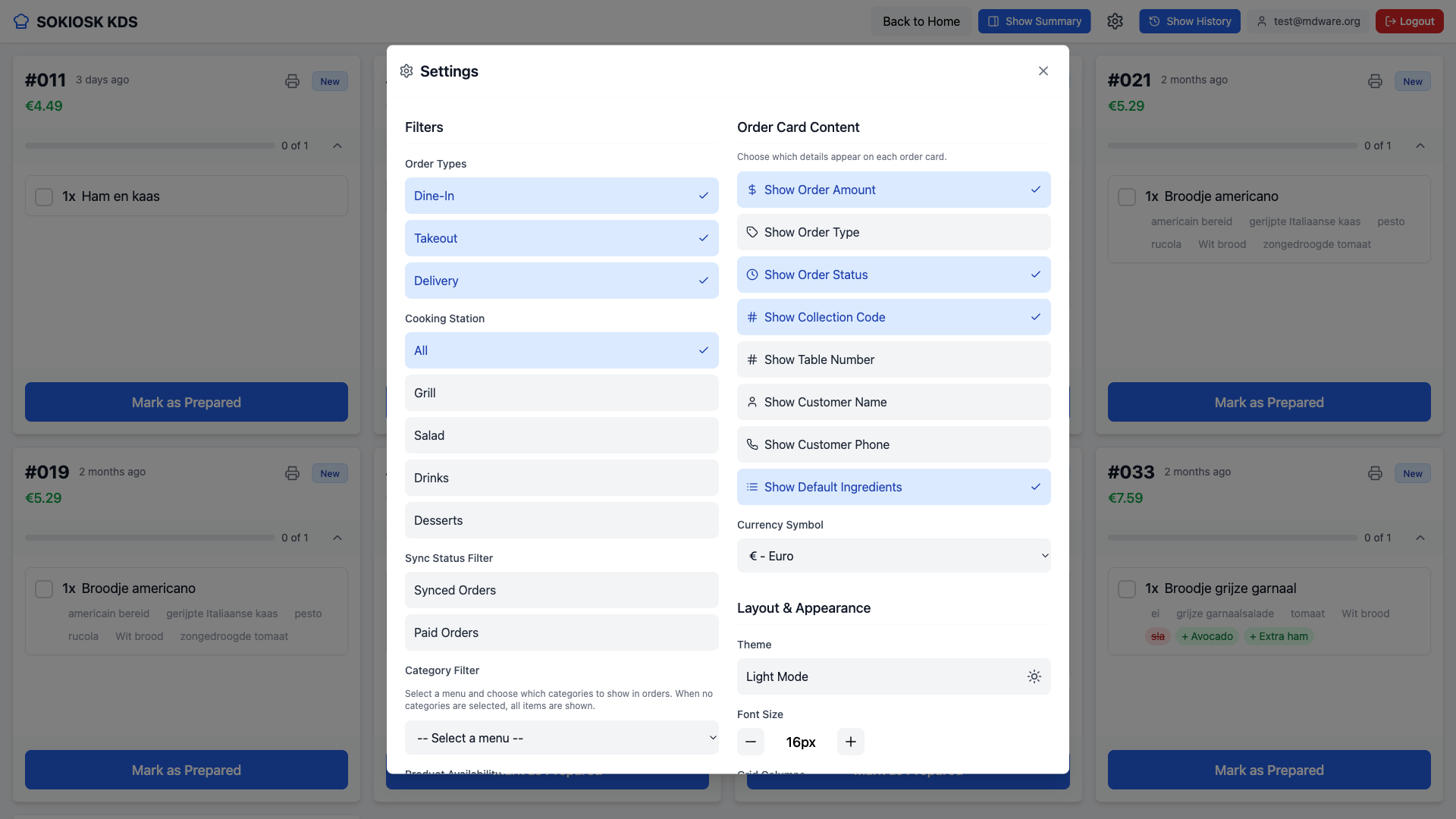 De KDS-instellingen met filters, ticketinhoud, thema en lettergrootte