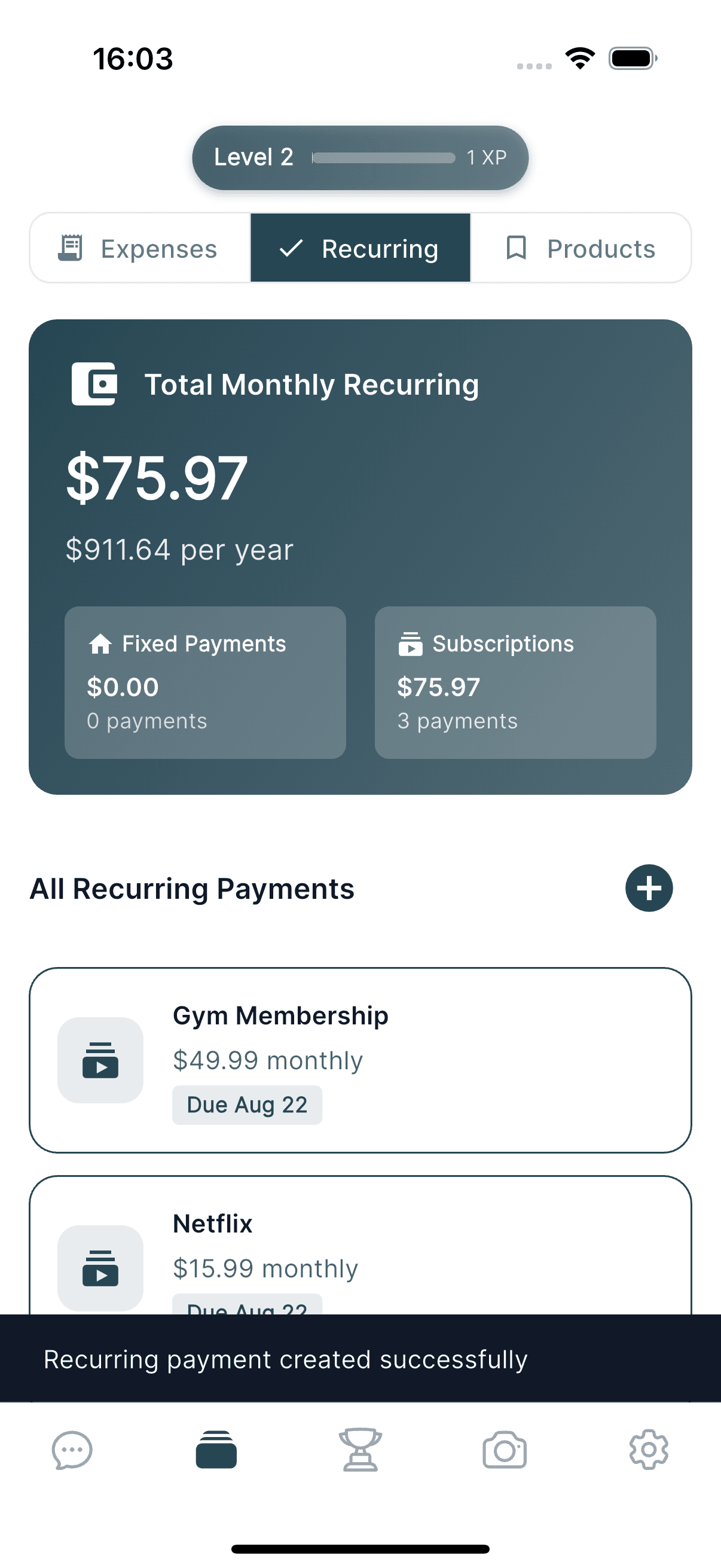 A smartphone screen showing a list of detected recurring subscriptions with monthly cost totals