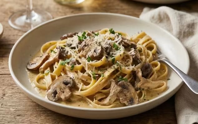 Creamy mushroom pasta garnished with fresh herbs