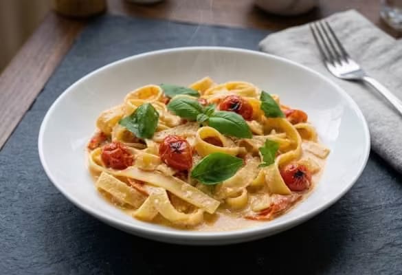 Creamy feta and cherry tomato pasta in a bowl