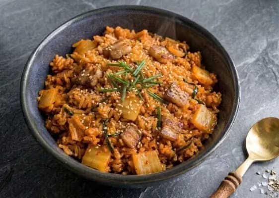 Kimchi fried rice topped with a fried egg
