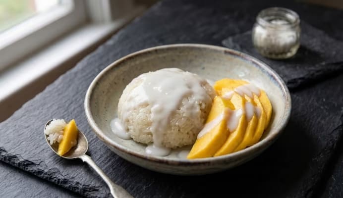 Authentic Thai Mango Sticky Rice served with coconut sauce