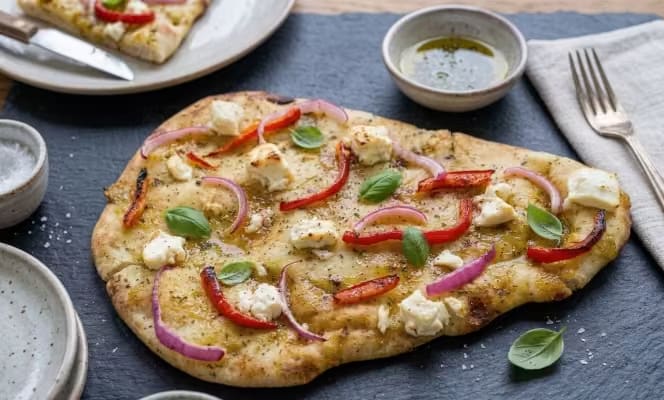 Naan bread pizza with mango chutney and paneer