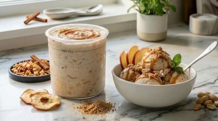 Apple cinnamon protein ice cream in a Ninja Creami pint