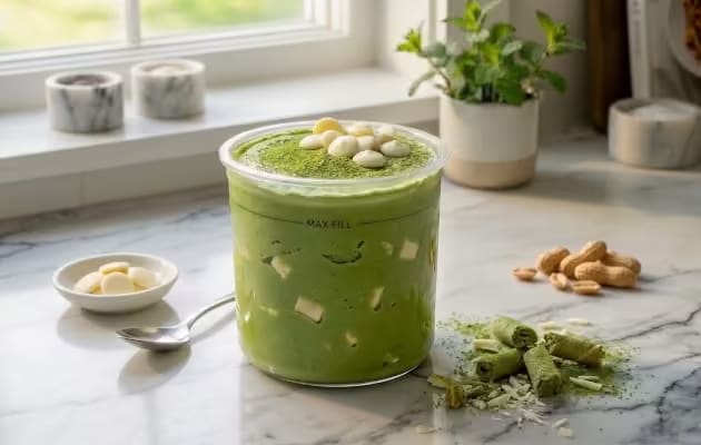 Matcha protein ice cream in a Ninja Creami pint