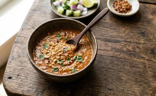 Rich and creamy satay peanut sauce in a bowl