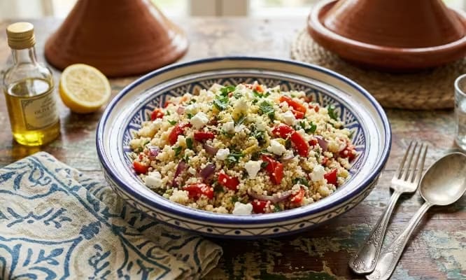 Quick Moroccan couscous with red peppers and feta cheese