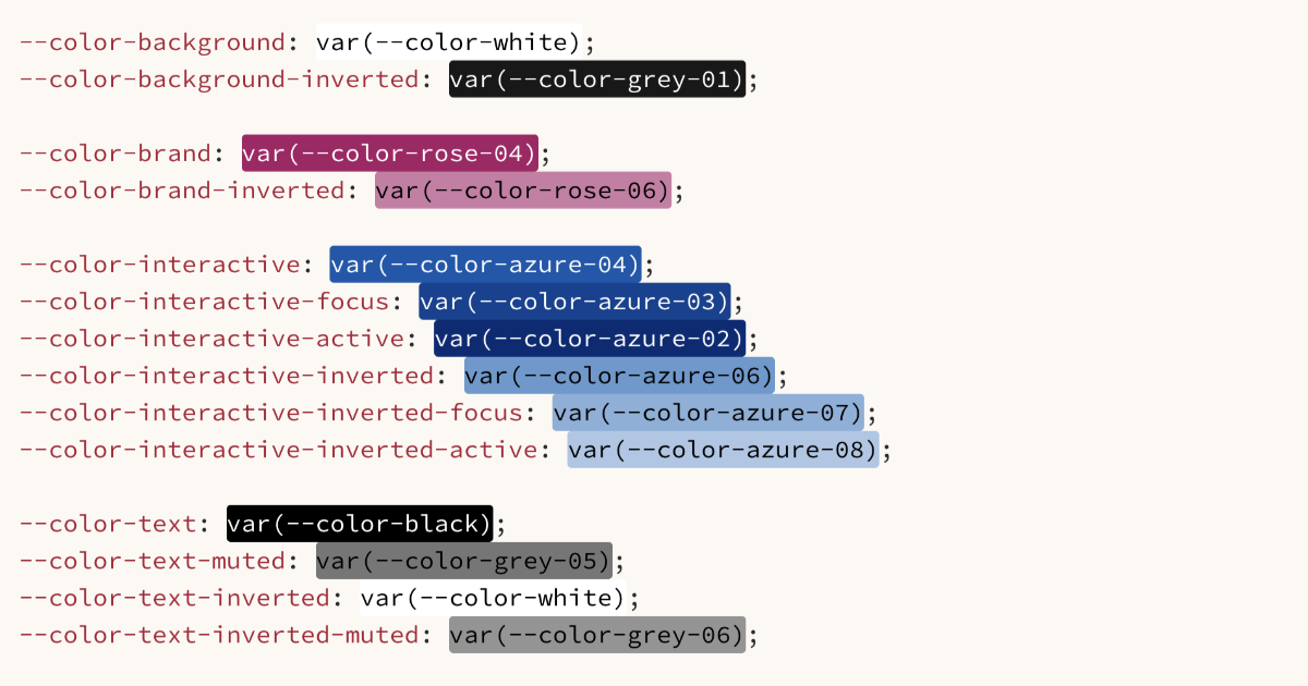 Screenshot from a code editor application showing CSS Custom Property design tokens for systematic colors