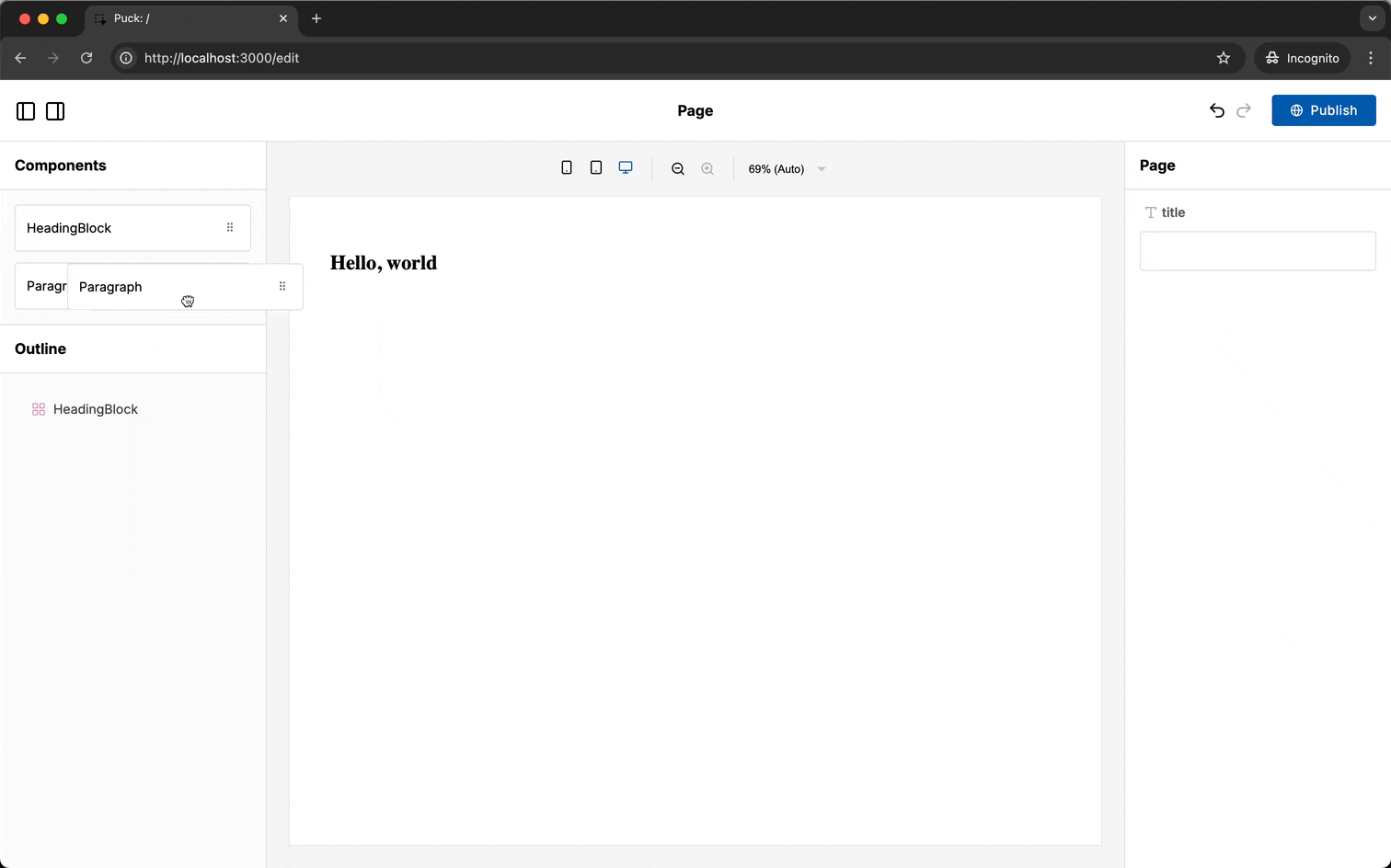 Gif showing the user dragging the Paragraph into the page
