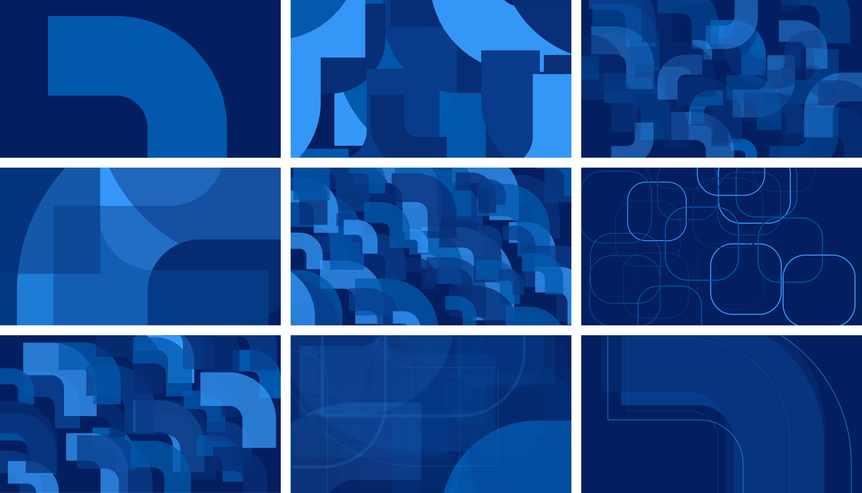 A collage of images in Measured blue. Each shows a different procedural arrangement of "The Corner", ranging from a single bold graphic to complex, layered patterns.