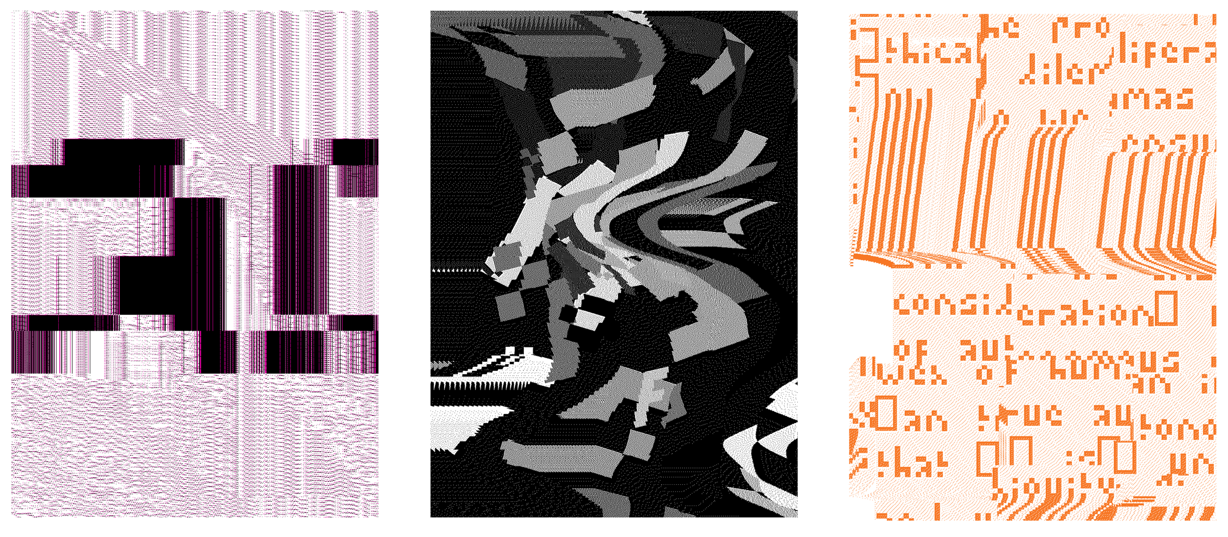 Three panels of abstract generative art featuring glitch aesthetics, distorted textures, warped monochrome shapes, and distorted pixelated orange typography.