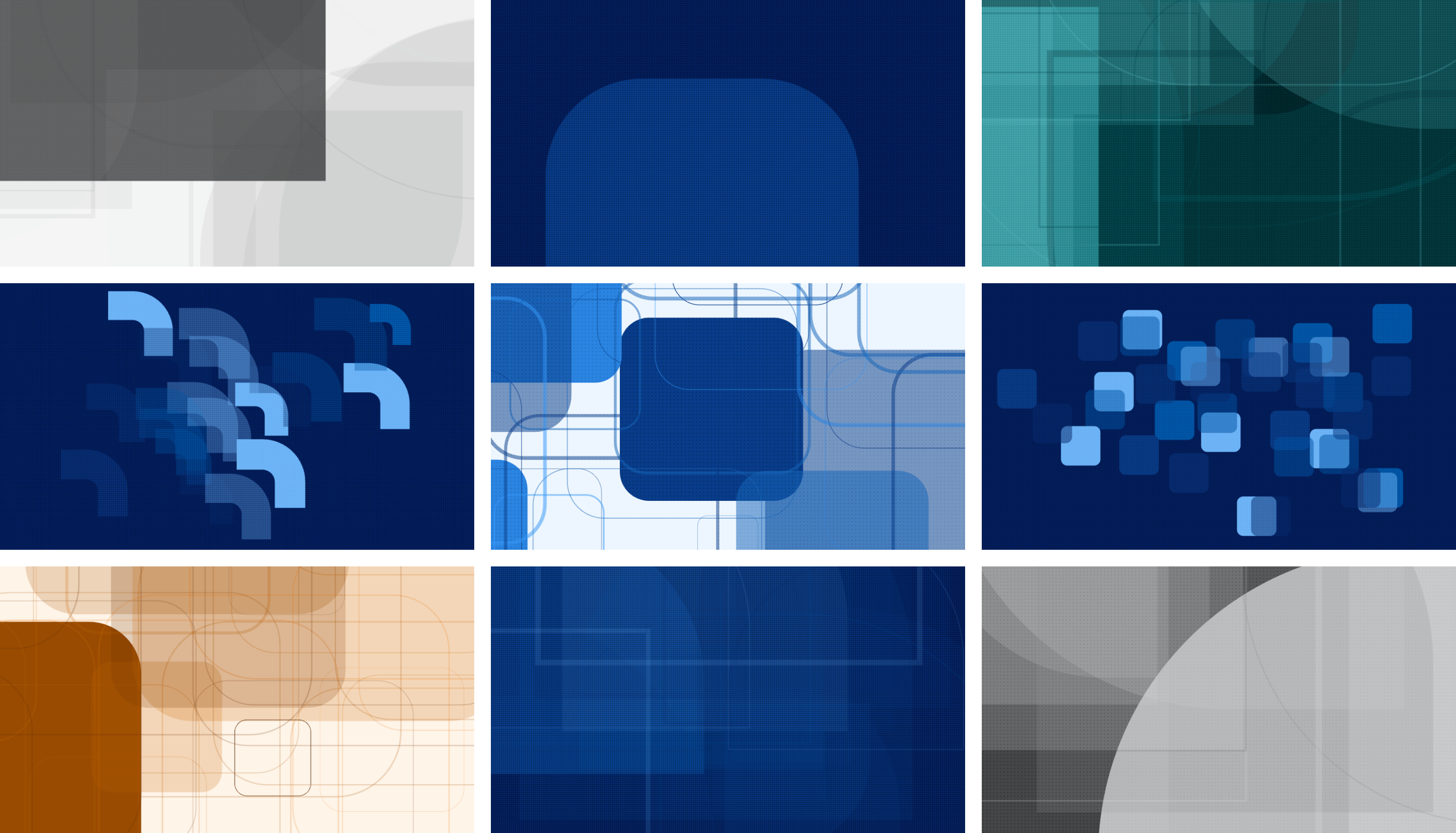 A collage of images using an extended colour palette, featuring layered geometric shapes.