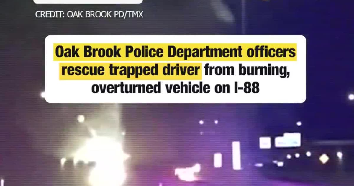 Oak Brook Police Department officers rescue trapped driver from burning, overturned vehicle on I-88
