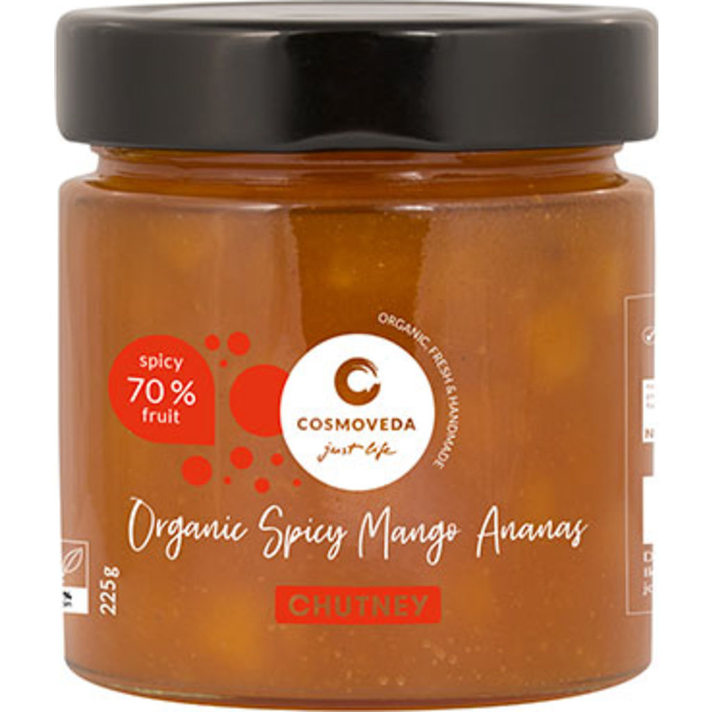 Køb Cosmoveda Chutney Mango Ananas Spicy Ø 225 g - Mecindo