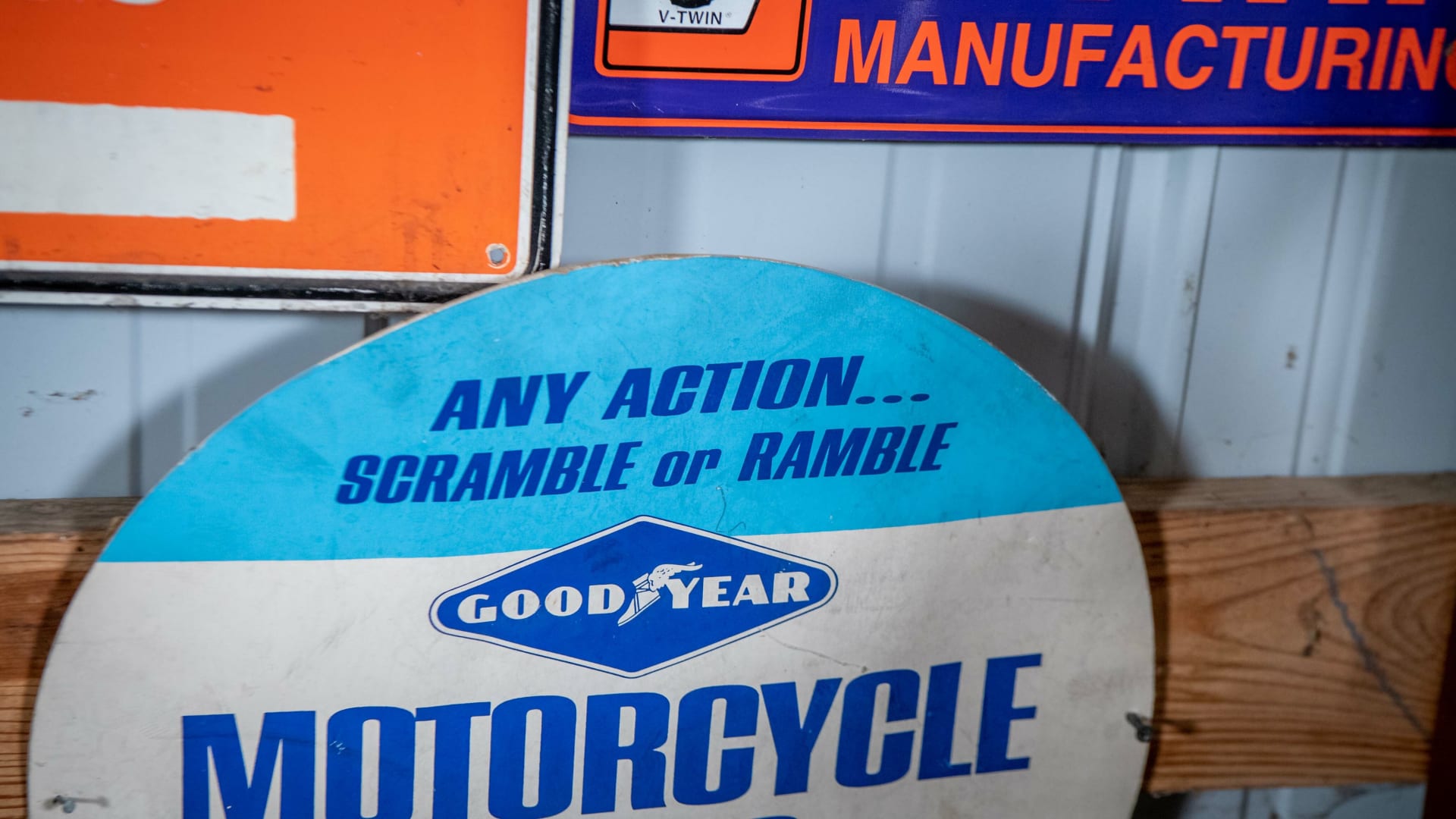 Goodyear Motorcycle Tires Cardboard Sign at Elmer's Auto & Toy Museum