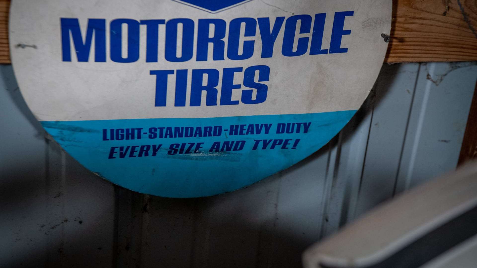 Goodyear Motorcycle Tires Cardboard Sign at Elmer's Auto & Toy Museum