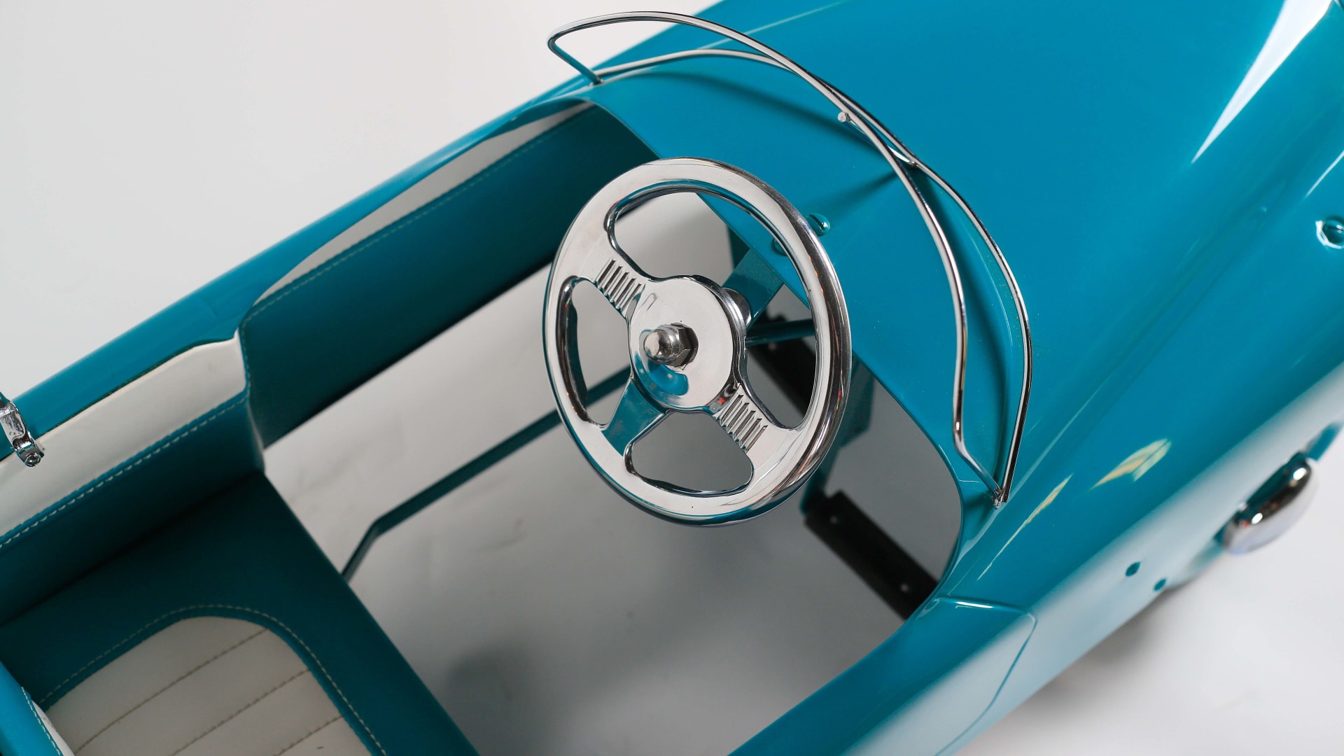 1950 Woodie Wagon Pedal Car With Trailer 40x19x22 at Kissimmee Road Art