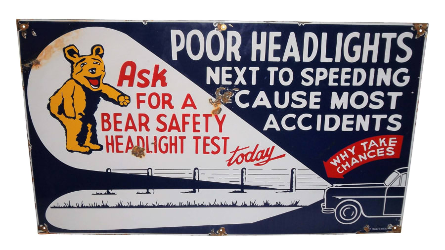 Bear Headlight Alignment SingleSided Porcelain Sign 28x16 at Kissimmee