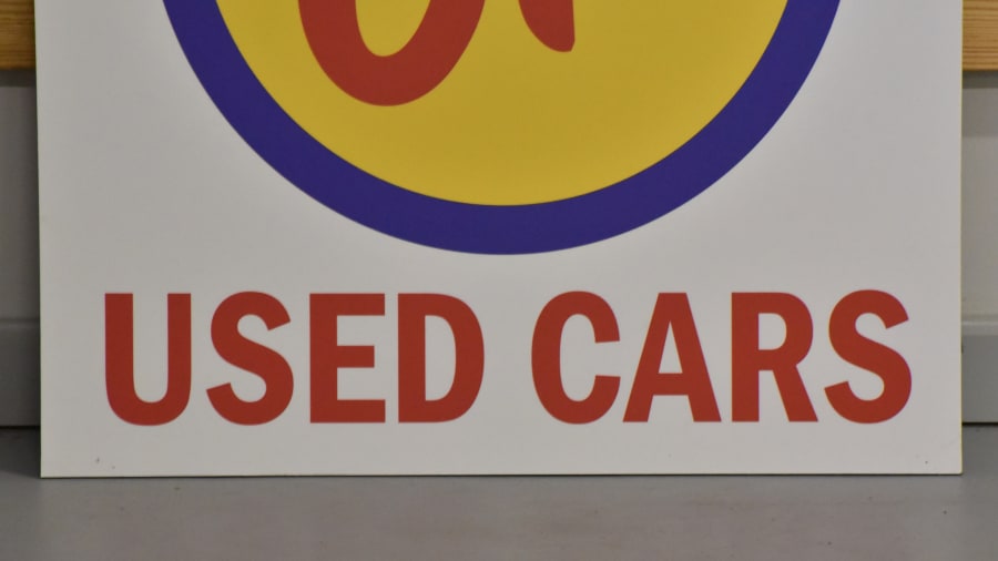 OK Used Cars Masonite Sign 30x33 at Indy Road Art 2017 as J72 Mecum