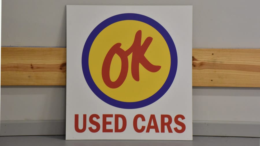 OK Used Cars Masonite Sign 30x33 at Indy Road Art 2017 as J72 Mecum