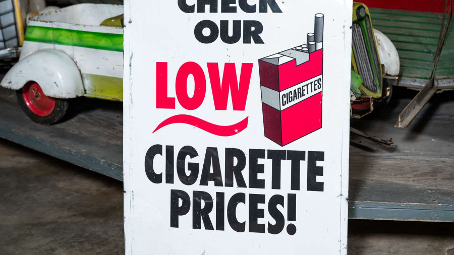 cigarette price signs Low Cigarette Prices Double-Sided Tin Sign For Sale At Auction
