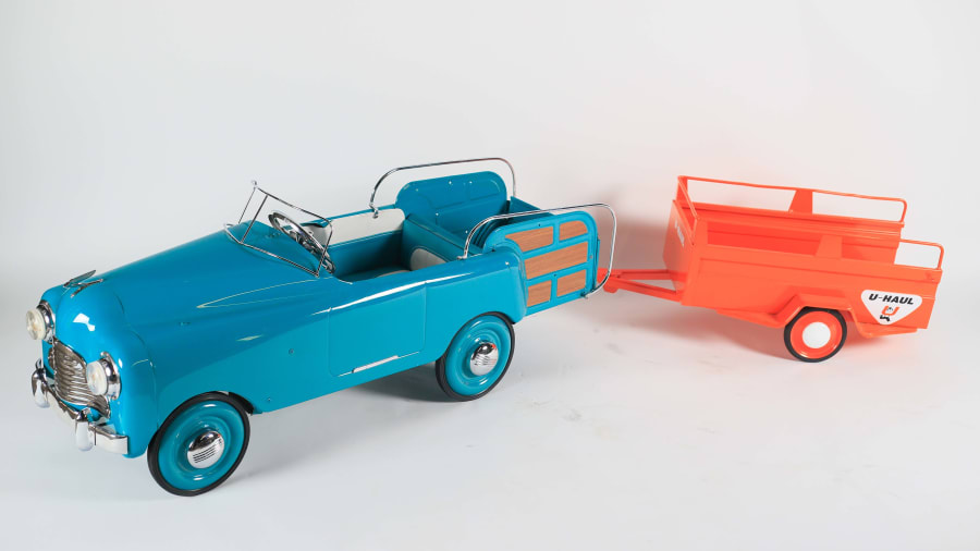 1950 Woodie Wagon Pedal Car With Trailer 40x19x22 at Kissimmee Road Art