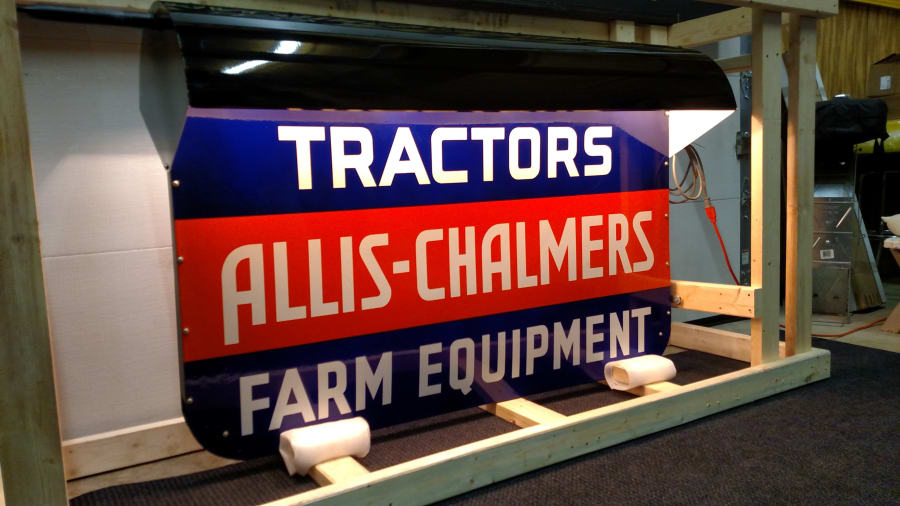 1950s AllisChalmers Tractors Farm Equipment DoubleSided Porcelain at Davenport 2020 as M145