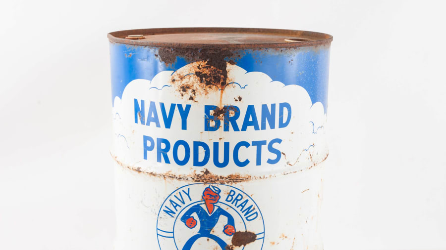 1950s Graphic Navy Brand Product 55 Gallon Drum for Sale at