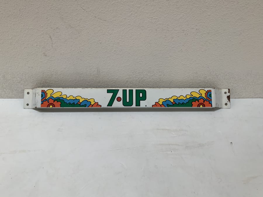 1960s 7up Door Push Tin, Artwork By Peter Max 31.5x3x1.5 For Sale