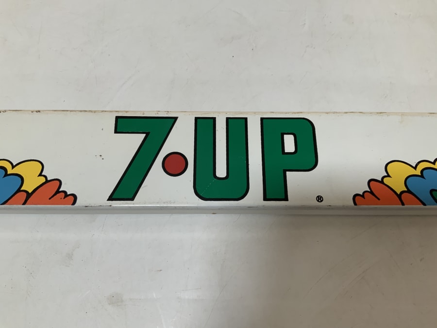 1960s 7up Door Push Tin, Artwork By Peter Max 31.5x3x1.5 For Sale