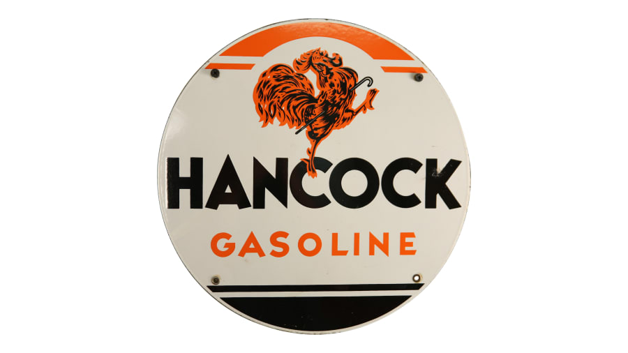 Hancock gasoline feathery cock porcelain sign 12x12 for sale at