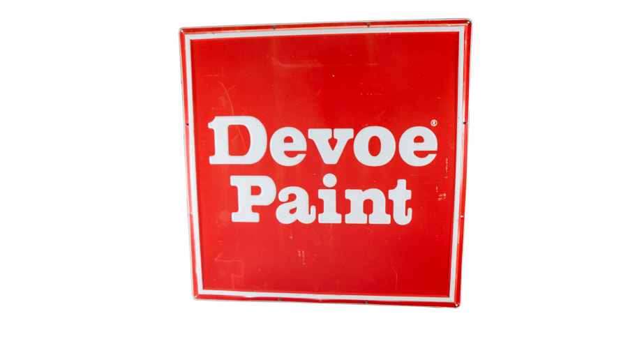 Devoe Paint SingleSided Tin Sign at Indy Road Art 2022 as E176 Mecum