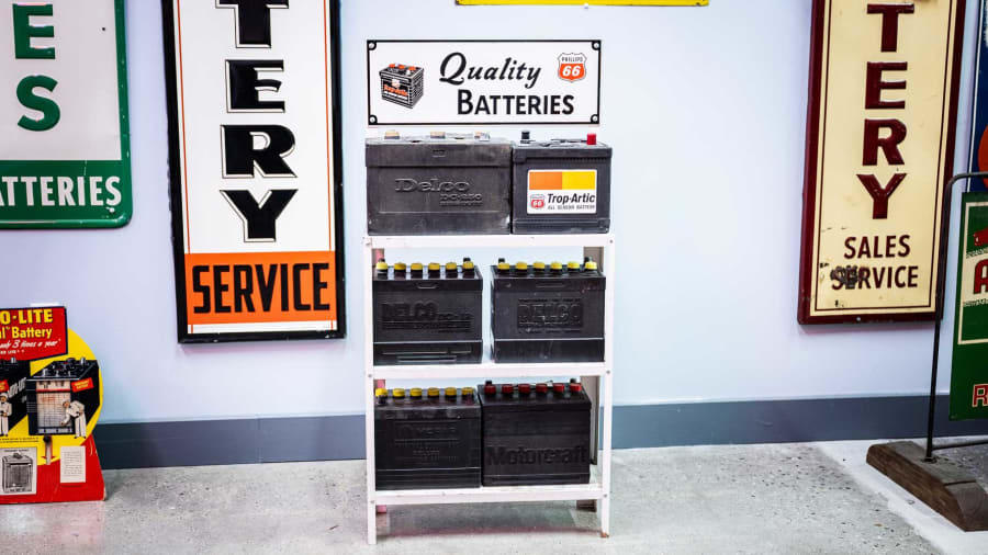 Phillips 66 Quality Batteries Display Rack and Assorted Batteries for