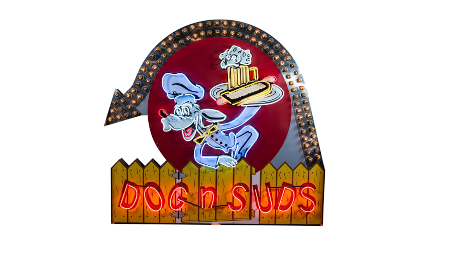 Dog n Suds SingleSided Tin Neon Sign with Chasers for Sale at Auction