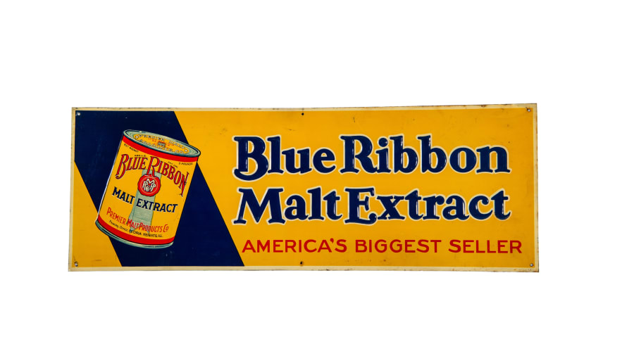 Blue Ribbon Malt Extract SingleSided Embossed Tin Sign for sale at