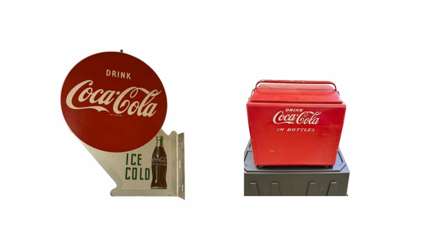 Coca-Cola Tin Flange Sign, And Coca-Cola Cooler, Lot Of 2 For Sale
