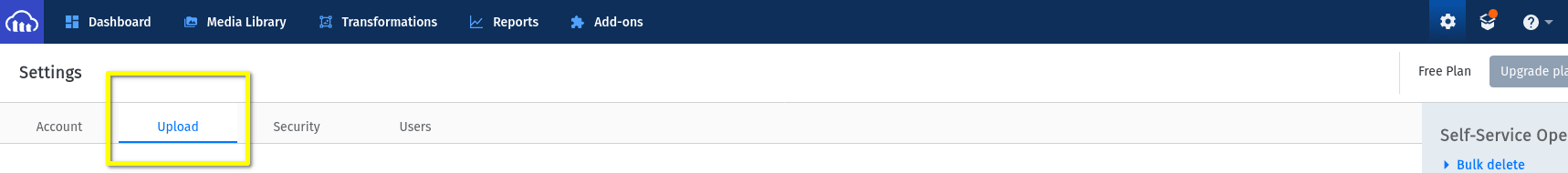 The upload tab in the Cloudinary settings