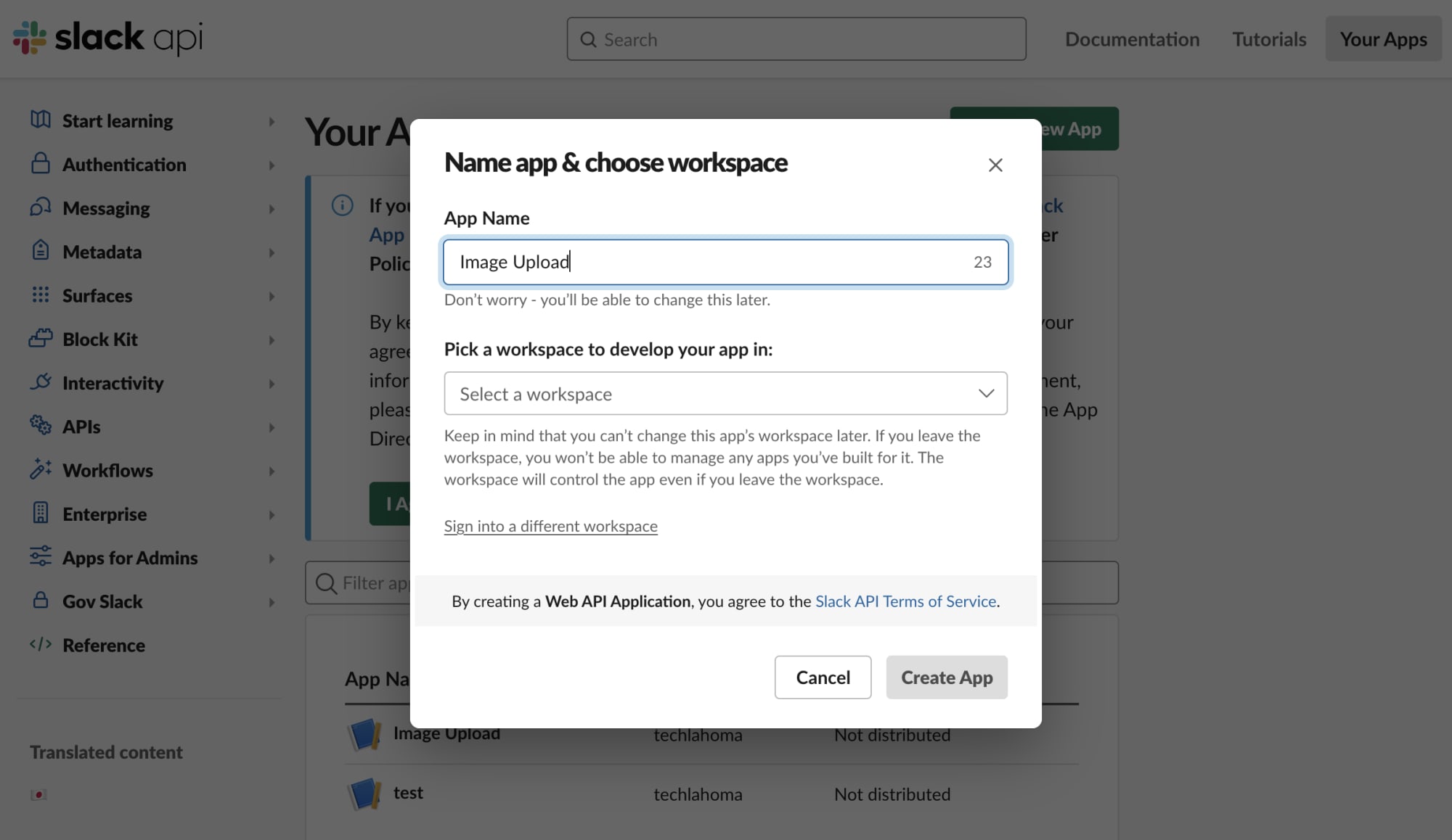 new app in Slack API
