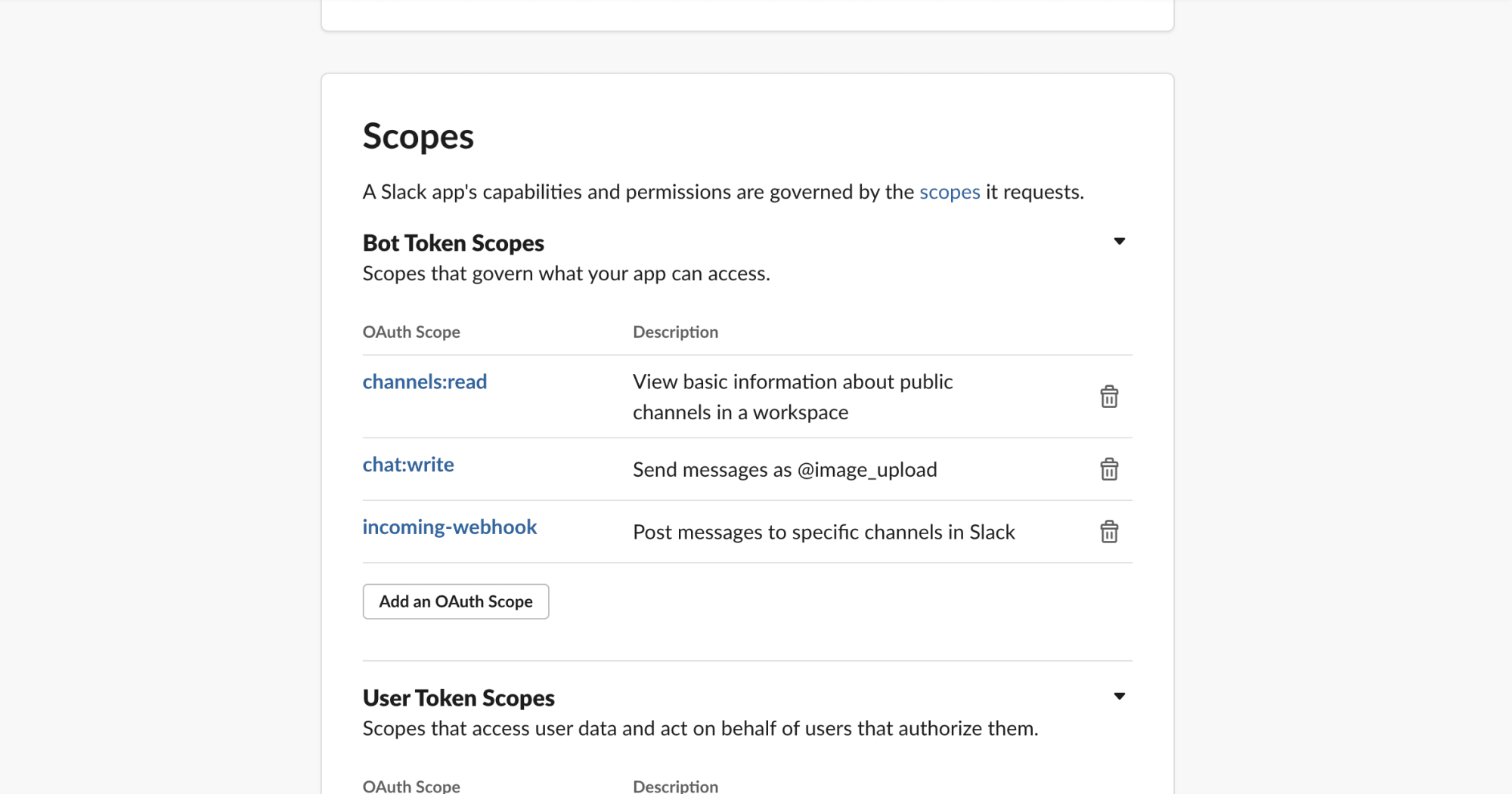 what the scopes will look like in the Slack dashboard