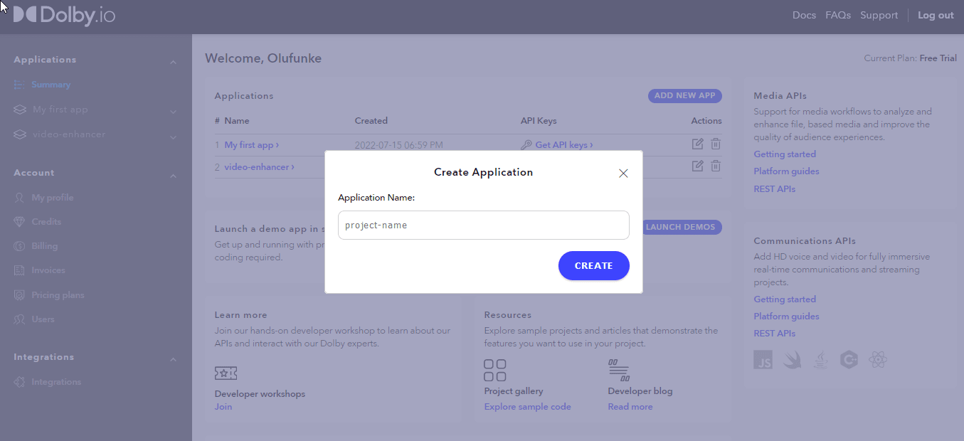 Creating an application on the Dolby dashboard