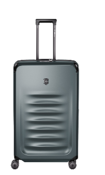 A grey suitcase with wheelsDescription automatically generated