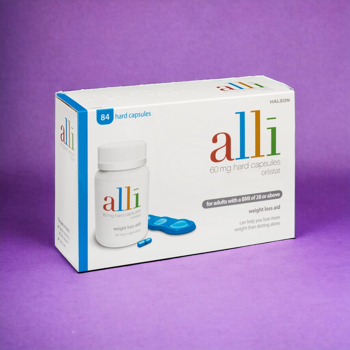 Alli pills on purple background thumbnail