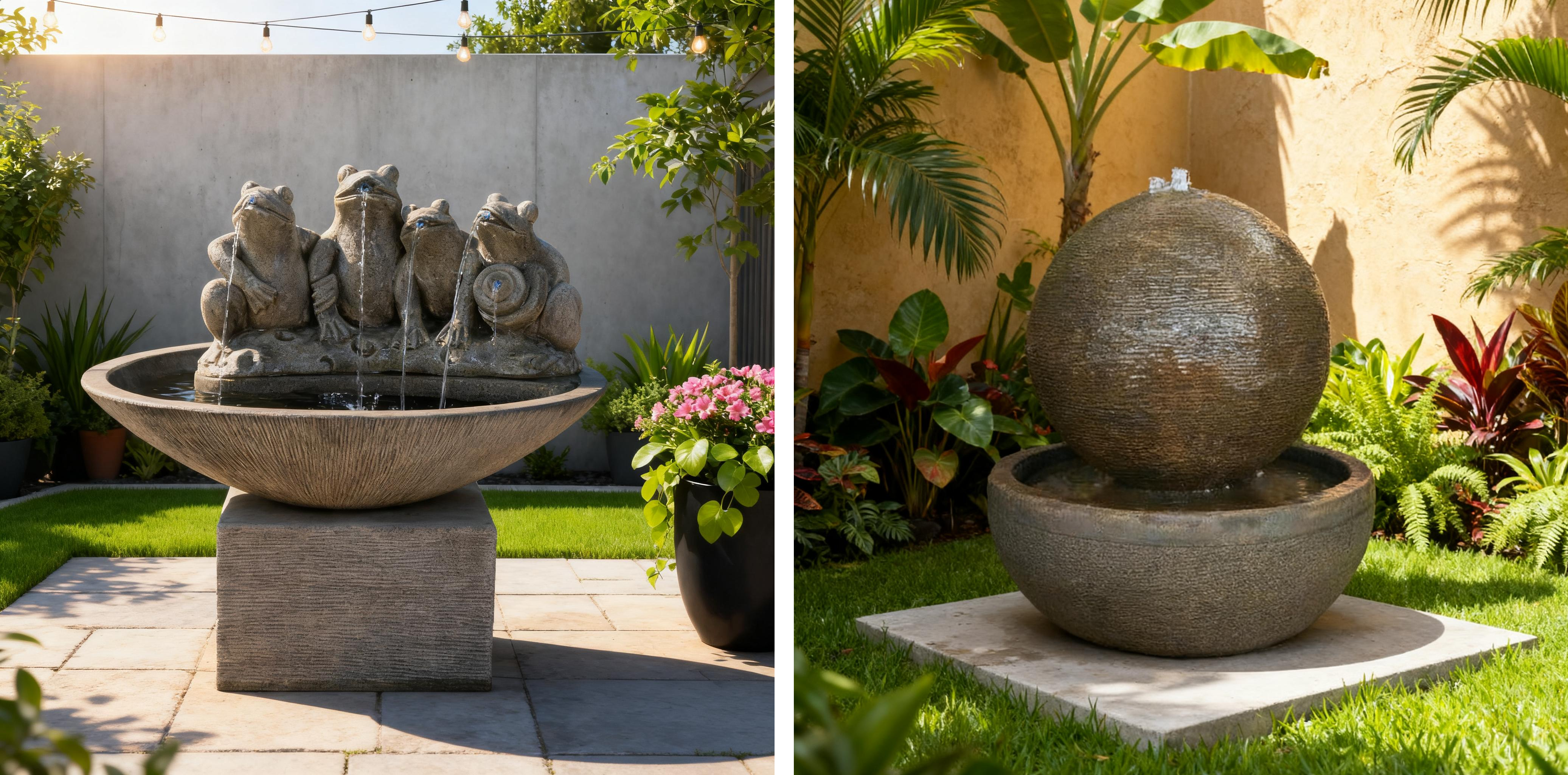 Two fountains bringing presence to their surroundings