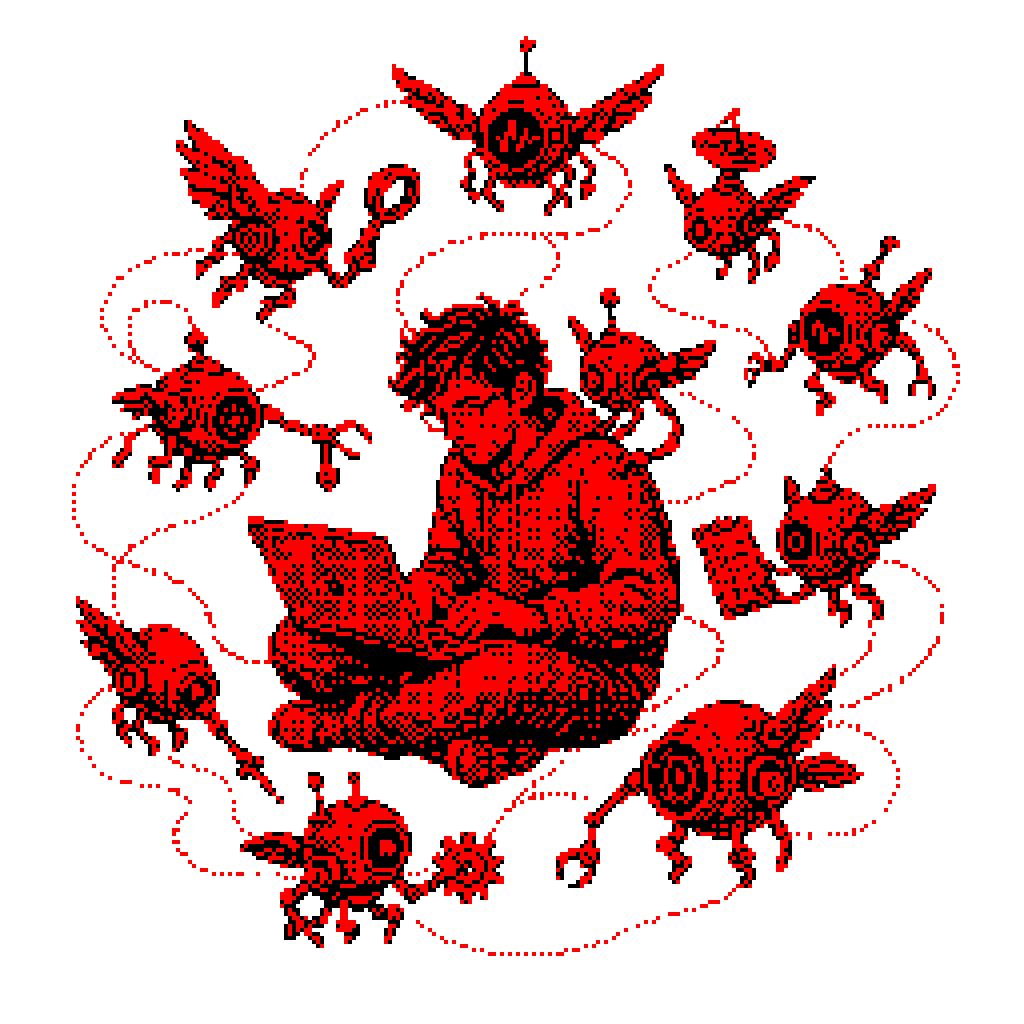 Dithered field of drifting agent silhouettes on a black ground