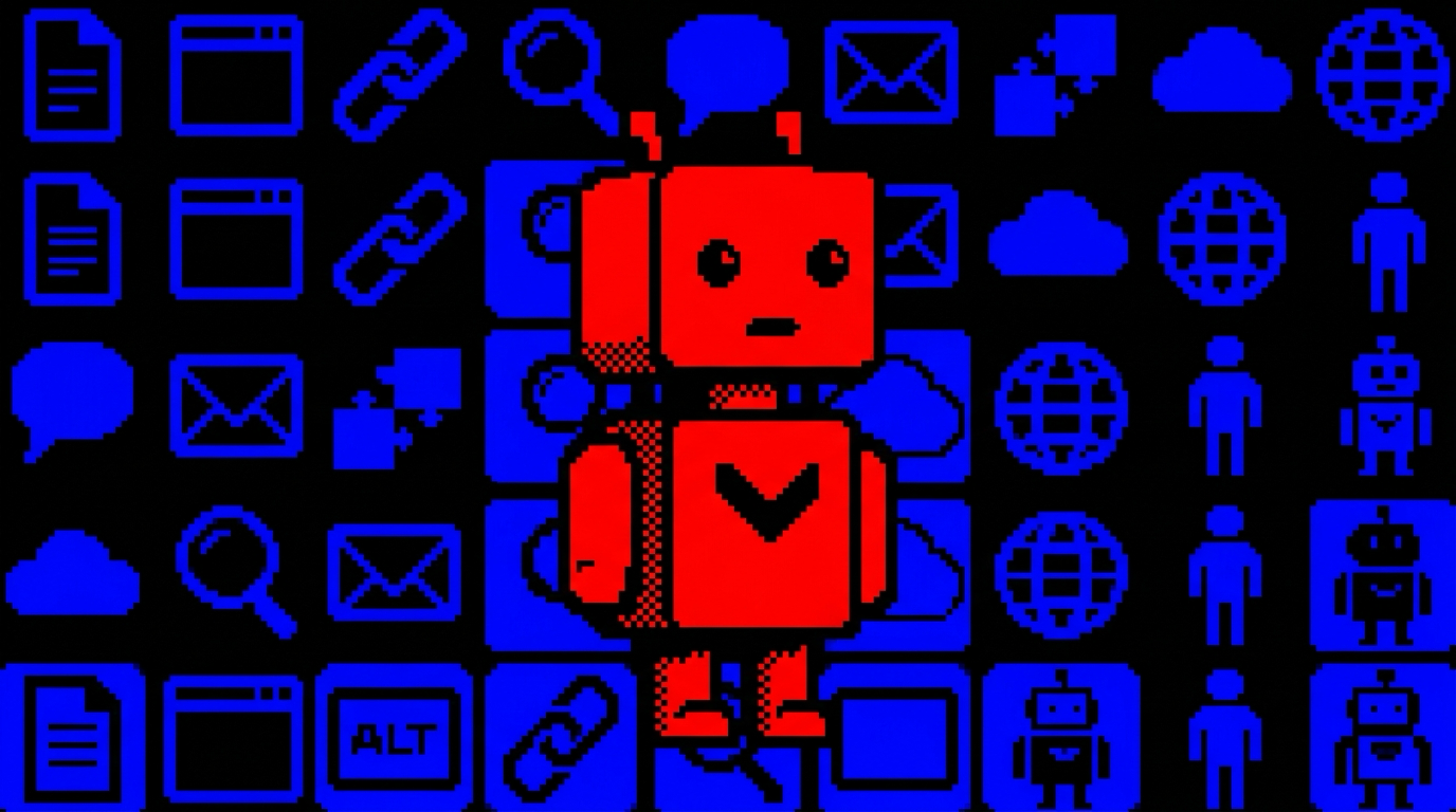 A red accessibility-person fused with a robot head over a blue grid of web-accessibility icons on black.