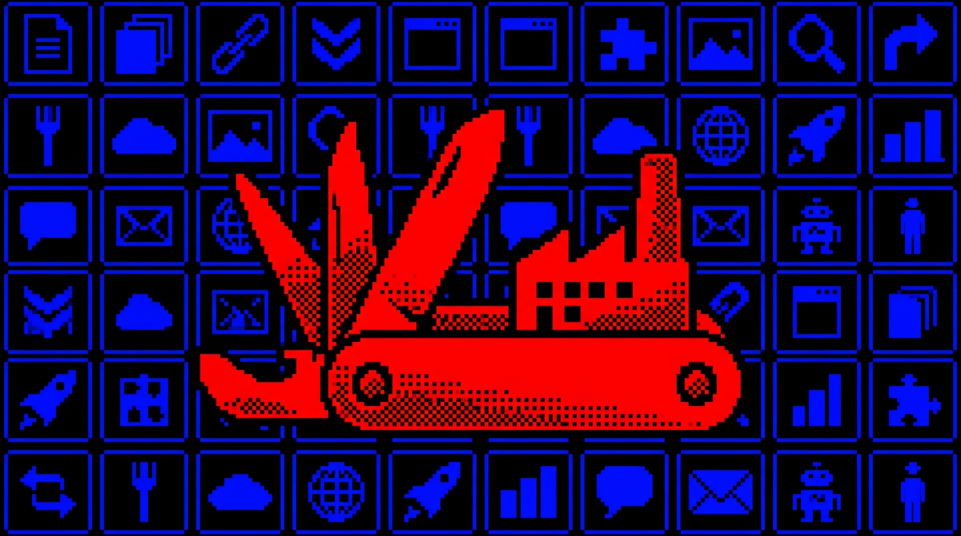 A red folding multi-tool unfolds into a miniature factory over a blue grid of agent-tool icons on black.