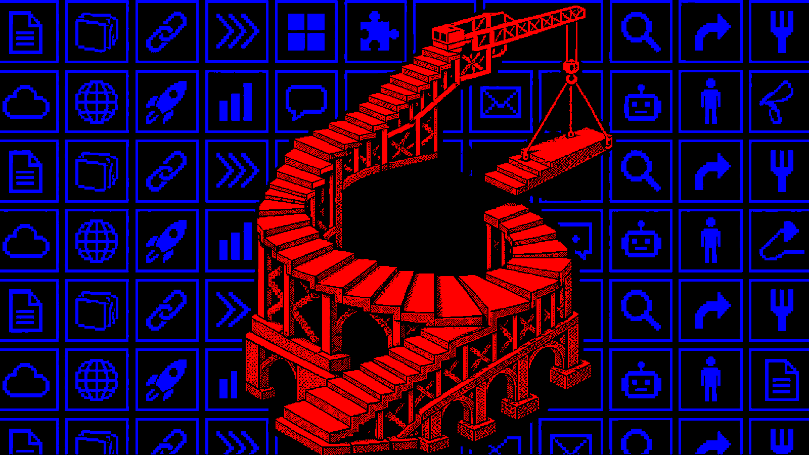 A red spiral staircase becomes a crane lowering its own next stair section into place, over a blue grid of icons on black.