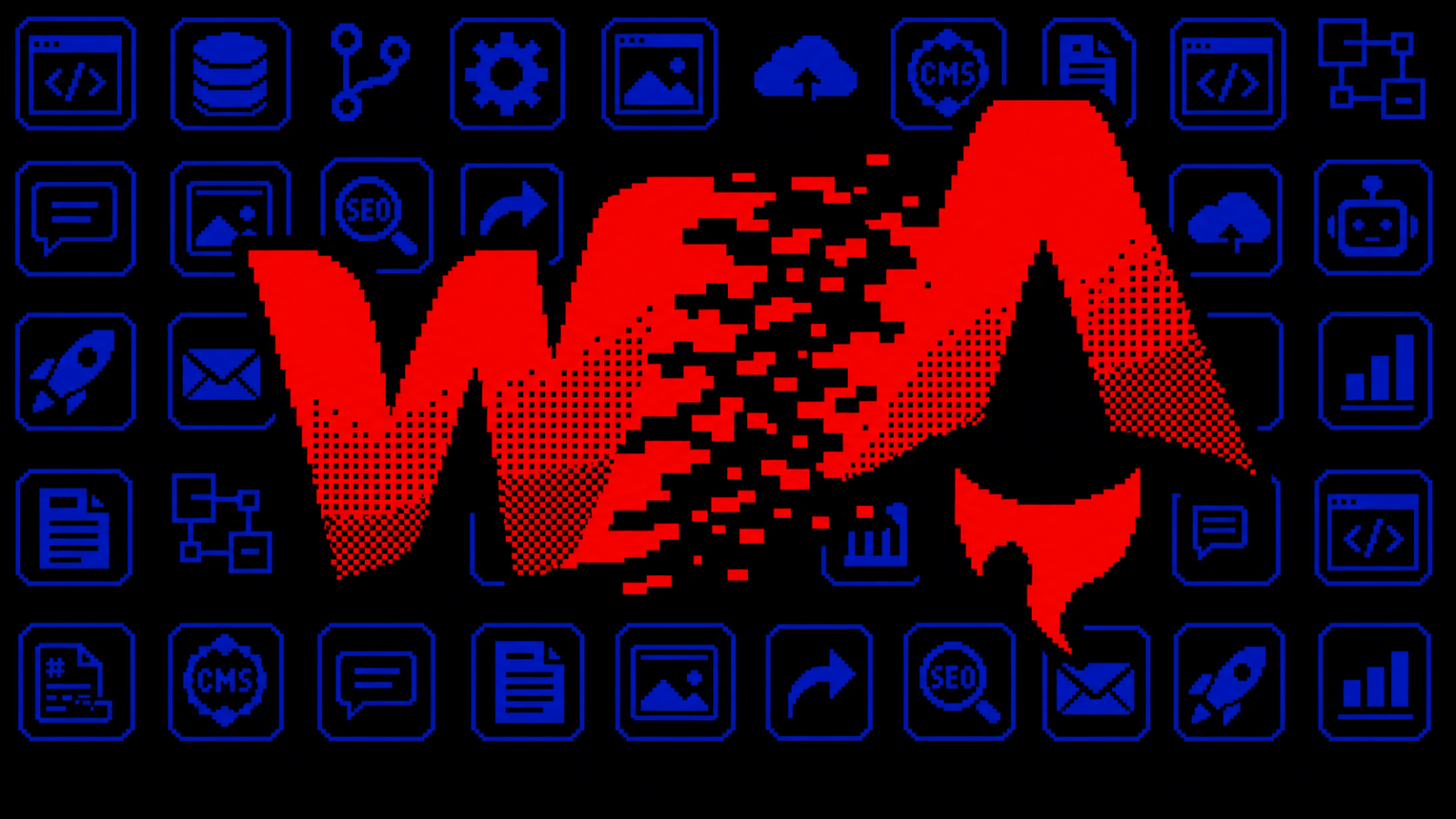 The Webflow W dissolving pixel by pixel into the Astro A, over a grid of blue web-tooling icons on black
